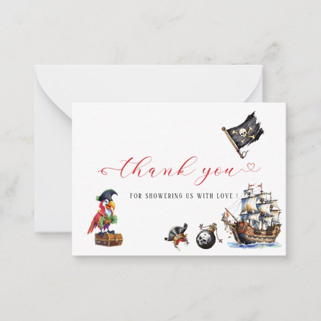 Pirate watercolor birthday party thank you note card (Front)