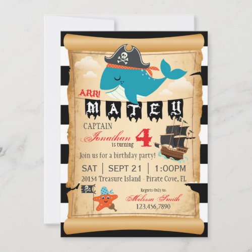 Pirate Whale and Starfish Birthday Invitations