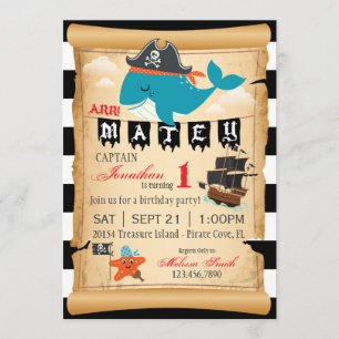 Pirate Whale and Starfish Birthday Invitations