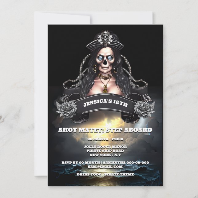 Pirate woman stormy ocean birthday theme party invitation (Front)