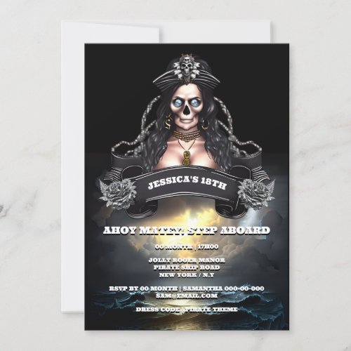 Pirate woman stormy ocean birthday theme party invitation