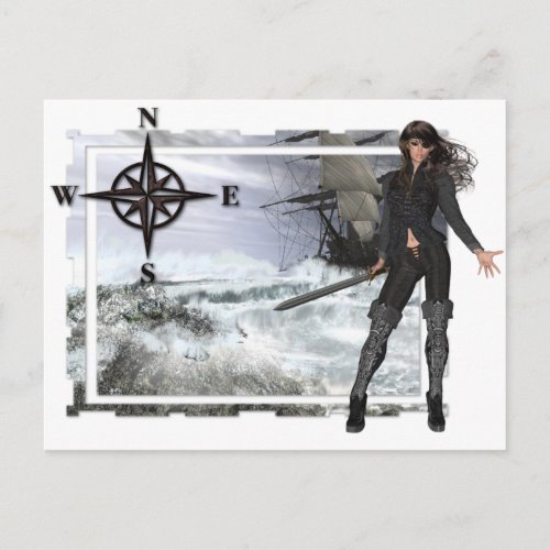Pirate Woman with Rough Waters Designs Postcard