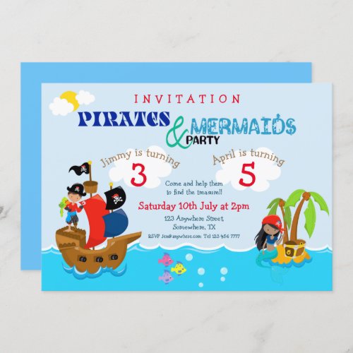 Pirates and Mermaid Colorful Joint Birthday Party Invitation