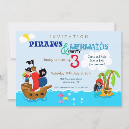 Pirates and Mermaid Colorful Kids Birthday Party Invitation