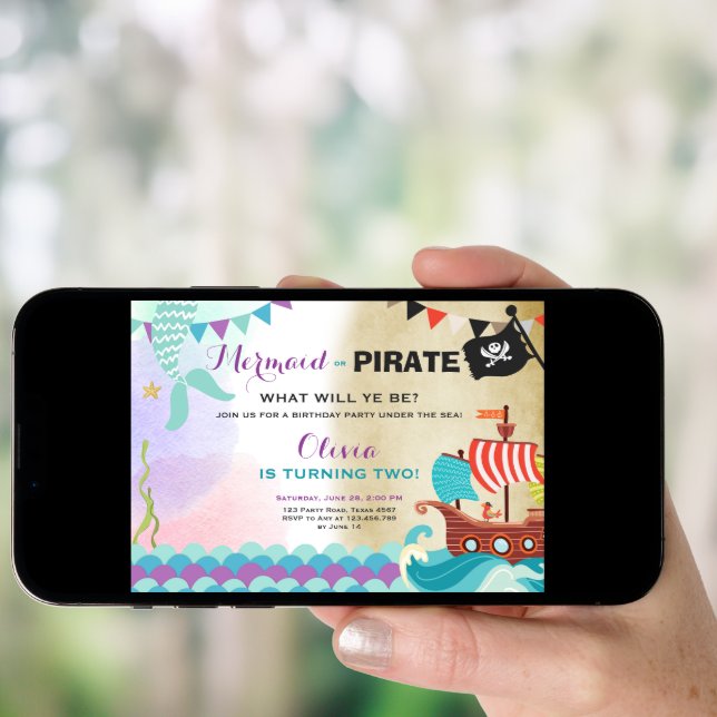 Pirates and Mermaids birthday invitation Girl (Front Digital)