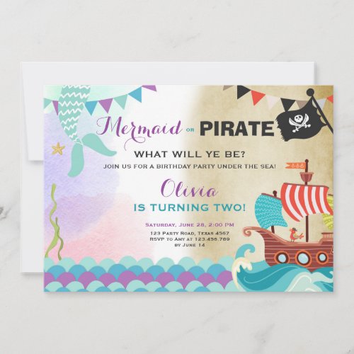 Pirates and Mermaids birthday invitation Girl