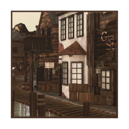 Pirates at Harbor Artistic Buildings  Wood Wall Art