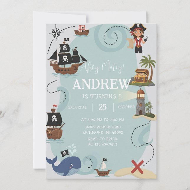 Pirates Birthday Invitation Template Ahoy Matey (Front)