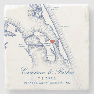 Pirate's Cove Wedding Manteo Map Navy Blue Favor Stone Coaster