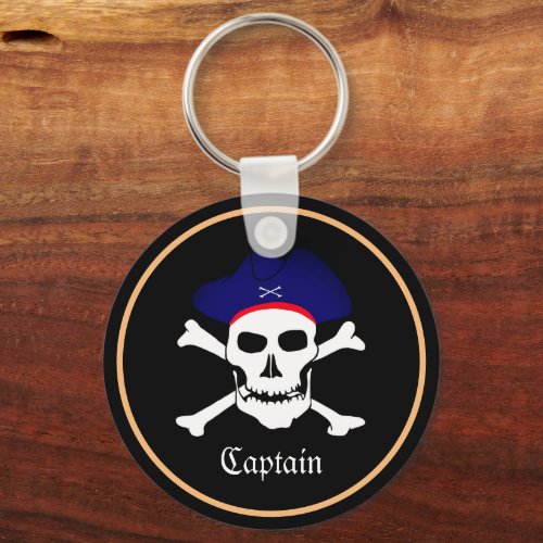 Pirates Flag  Ship Captain Skull in Hat  Black Keychain