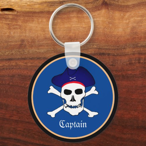 Pirates Flag  Ship Captain Skull in Hat  Blue Keychain