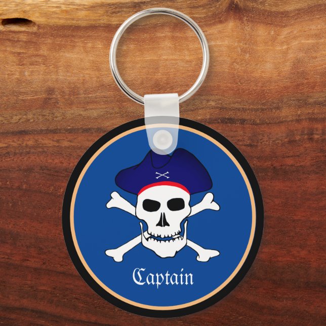 Pirates Flag & Ship Captain, Skull in Hat / Blue Keychain (Front)