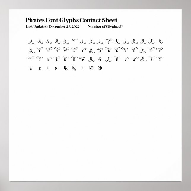 Pirates Font Glyphs Contact Sheet Poster (Front)