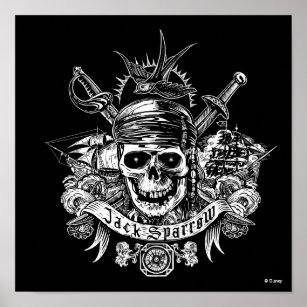 Pirates of The Caribbean: Curse of The Black Pearl Men's Black and White Skull Logo T-Shirt Black