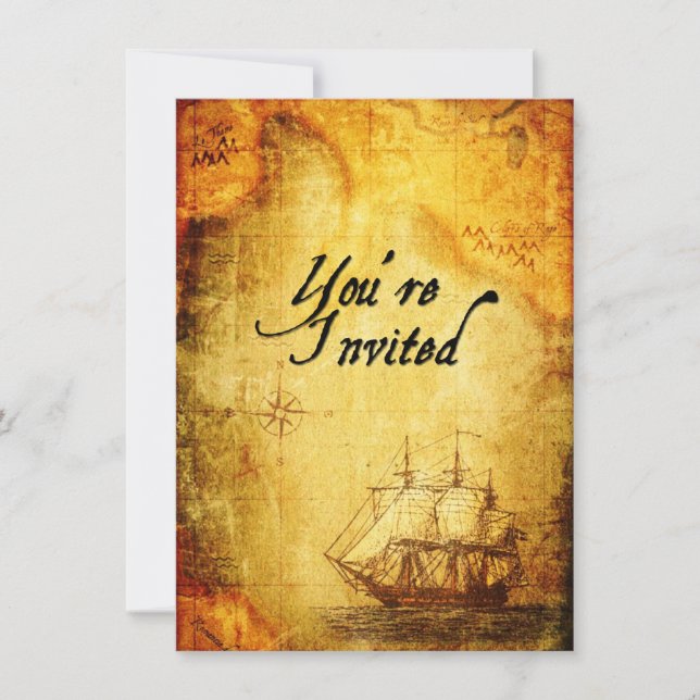 Pirates Party Invite on Antique Map (Front)