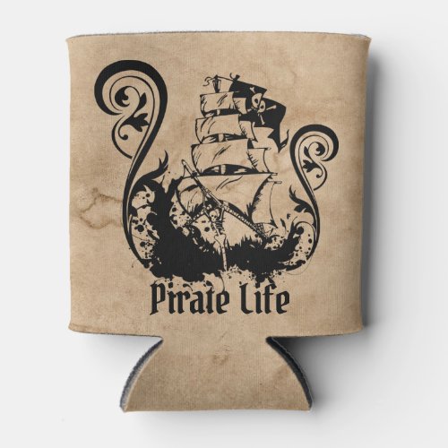 Pirates skull ink ship ocean paper caligraphy  can cooler
