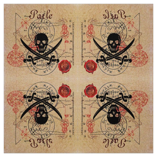 PIRATES TREASURE MAPS,SKULL CROSSED SWORDS FABRIC (Swatch)