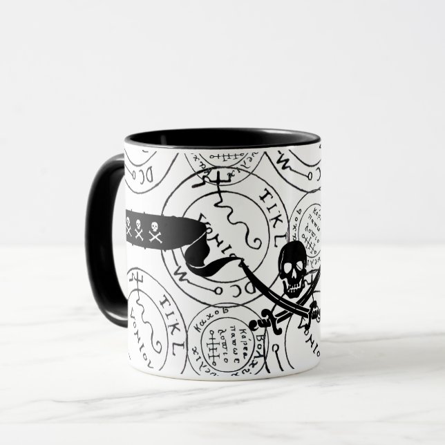 PIRATES TREASURE MAPS,SKULL,SWORDS Black White Mug (Front Left)