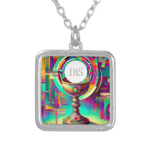 PIS Communion Host - Chalice Expressionist Effect Silver Plated Necklace