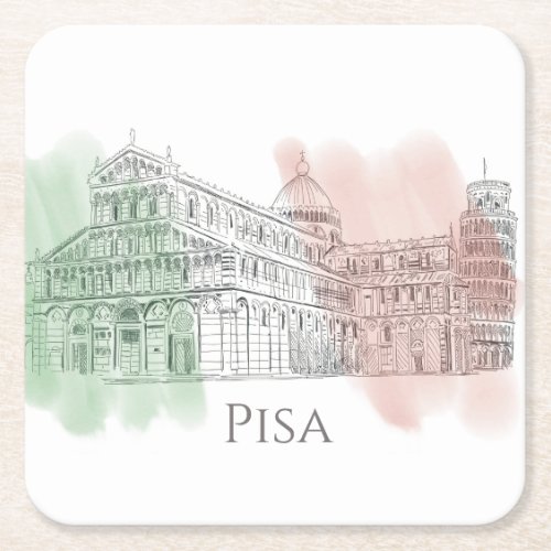 Pisa Italy Basilica and Tower Italy Flag Colors Square Paper Coaster