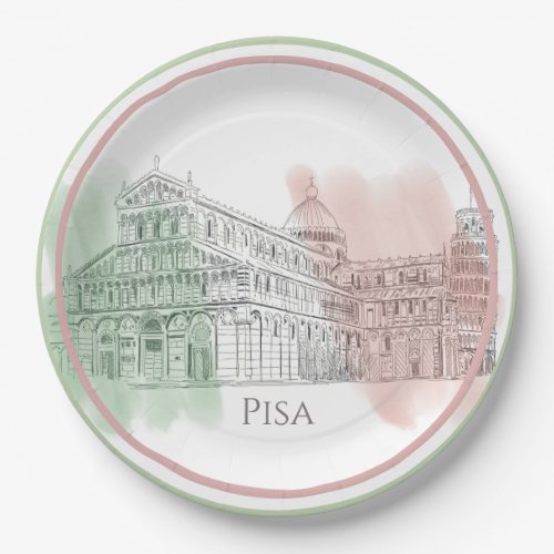 Pisa Italy Basilica with Italy Flag Colors Sketch Paper Plates