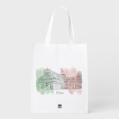 Pisa Italy Leaning Tower Italian Flag Pen and Ink Grocery Bag