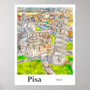 Pisa Italy Watercolor Sketch Hand Drawn Poster