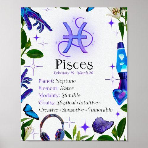 Pisce Zodiac Star Sign Y2K White 45 Poster
