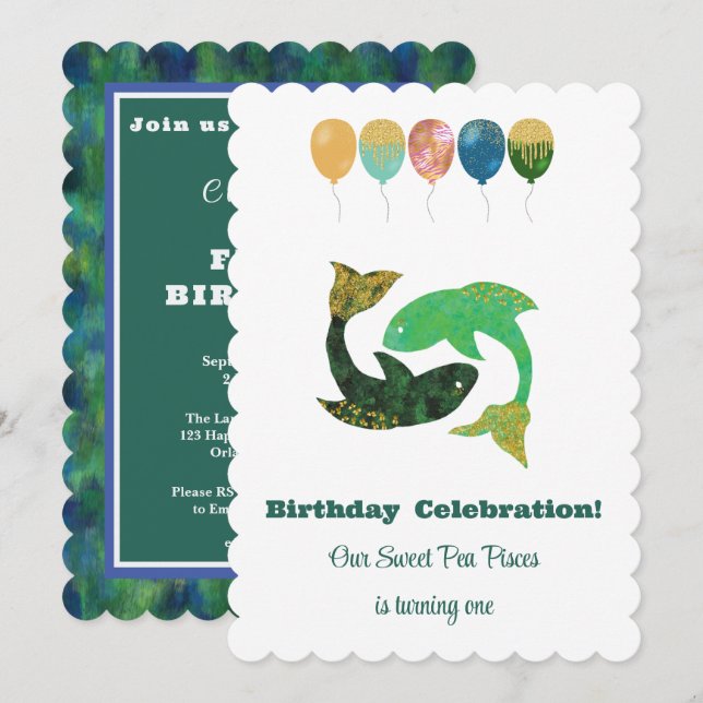 Pisces 1st Birthday Impressionist Gold Glitter Invitation (Front/Back)