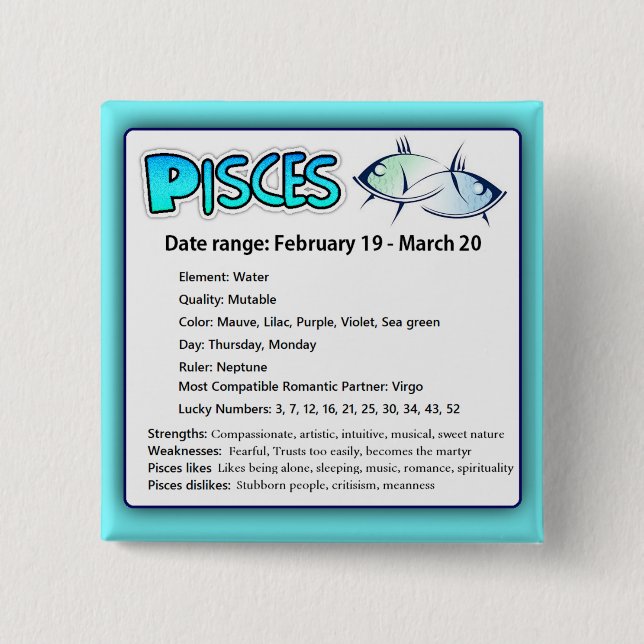 Pisces Astrological Horoscope Zodiac Magnet Pinback Button (Front)