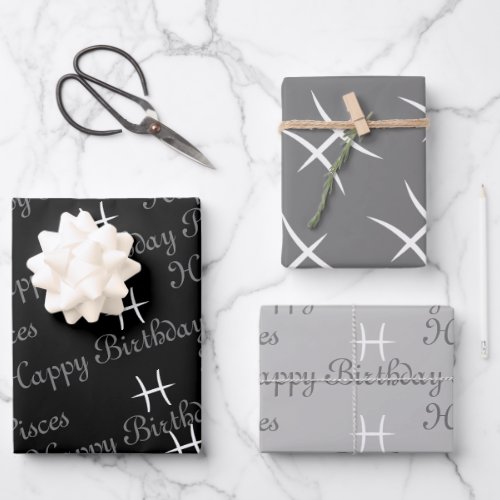 Pisces Birthday GreyBlack Wrapping Paper Sheets