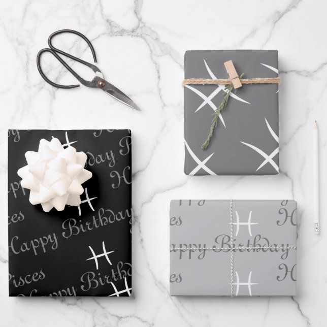 Pisces Birthday Grey/Black Wrapping Paper Sheets (Front)