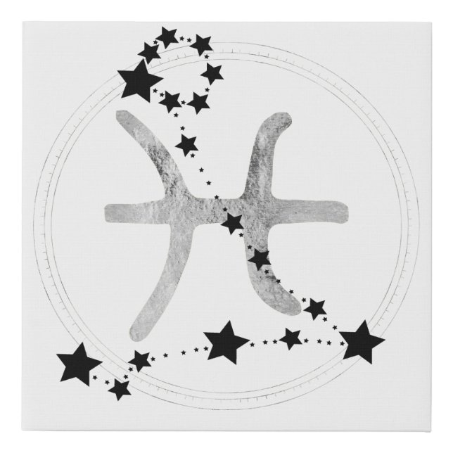 Pisces black & silver zodiac constellation stars faux canvas print (Front)