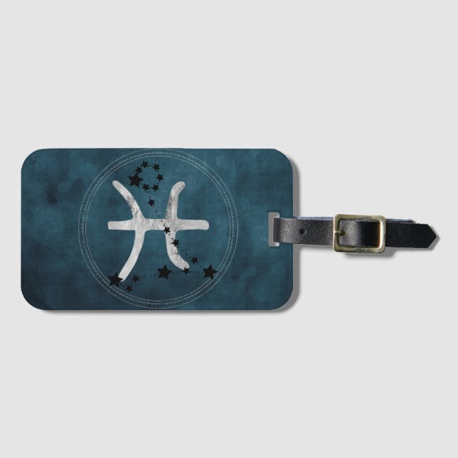 Pisces black & silver zodiac constellation stars luggage tag (Front Horizontal)