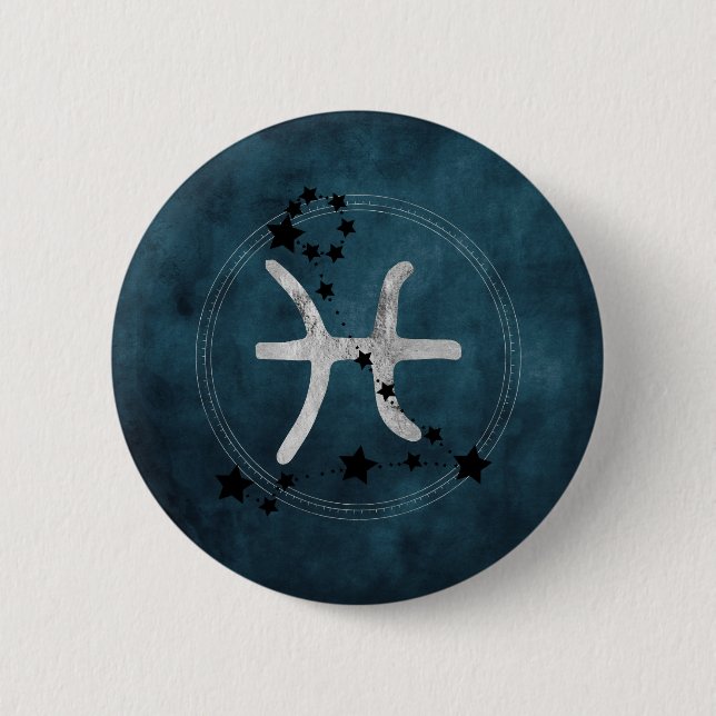 Pisces black & silver zodiac constellation teal button (Front)