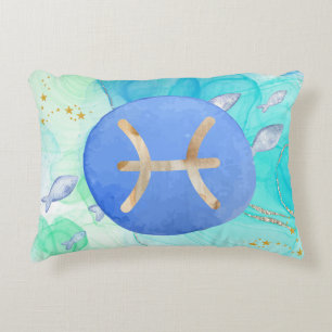 Pisces Blue Green Watercolour Astrology Zodiac Accent Pillow