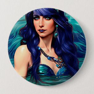 Pisces Blue Mermaid Queen Original Fantasy art Button