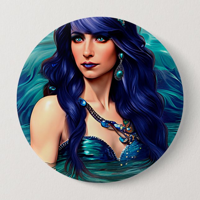 Pisces Blue Mermaid Queen Original Fantasy art   Button (Front)