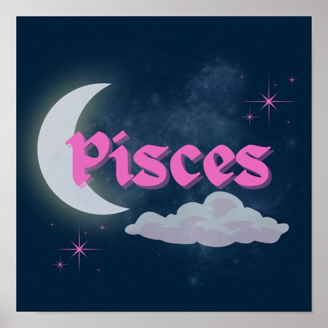 Pisces Celestial Moon Cloud Stars Astrology Art Poster (Front)