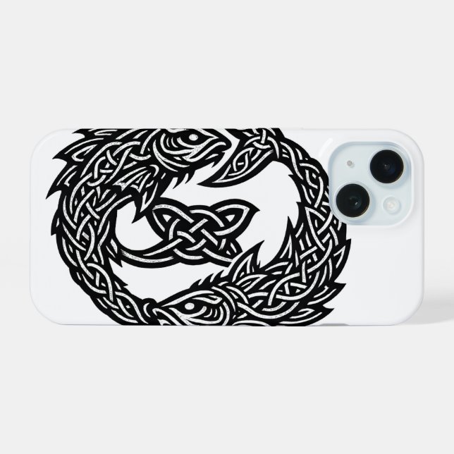 Pisces Celtic Twin‑Current Sigil | BurnsInHell Ink iPhone 15 Case (Back Horizontal)