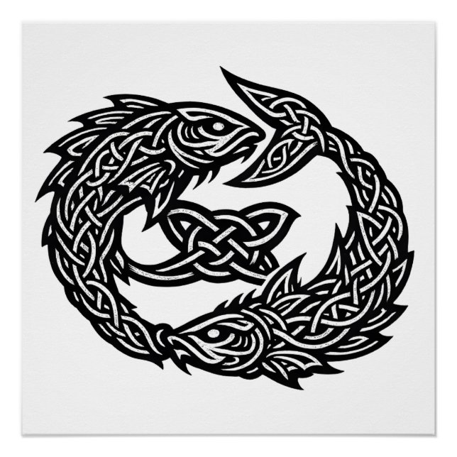 Pisces Celtic Twin‑Current Sigil | BurnsInHell Ink Poster (Front)