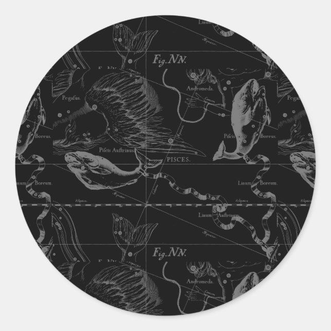 Pisces Constellation Hevelius 1690 on Black Classic Round Sticker (Front)