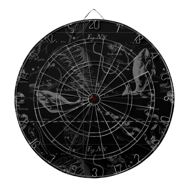 Pisces Constellation Hevelius 1690 on Black Dartboard (Front)
