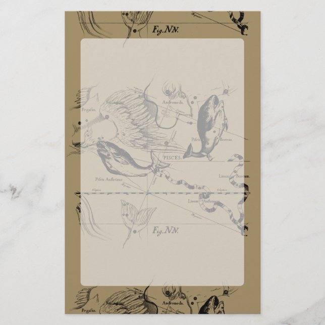 Pisces Constellation Hevelius 1690 on Taupe Stationery (Front)