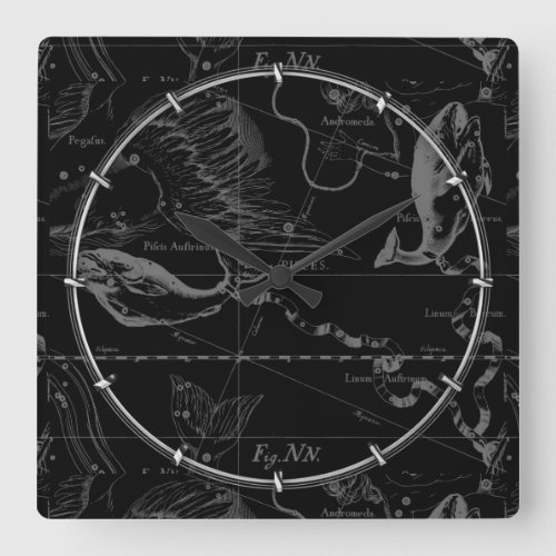 Pisces Constellation Map Hevelius 1690 Engraving Square Wall Clock