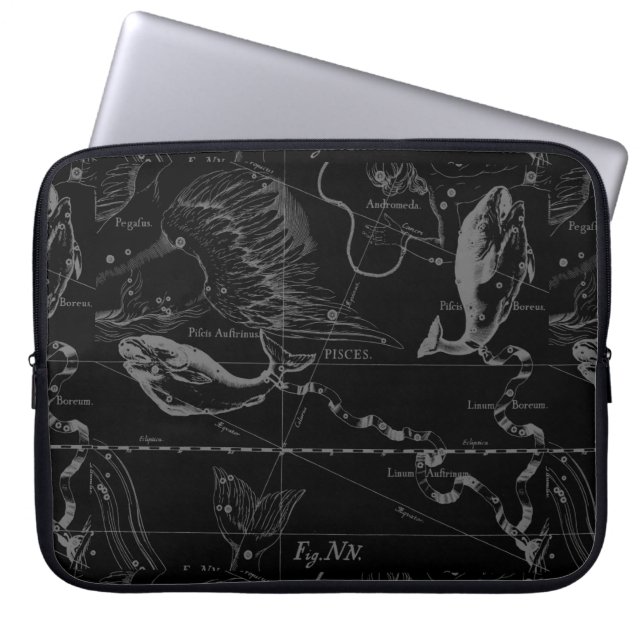 Pisces Constellation Map Hevelius 1690 on Black Laptop Sleeve (Front)