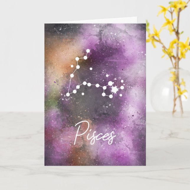 Pisces Constellation Zodiac Purple Galaxy Card (Yellow Flower)