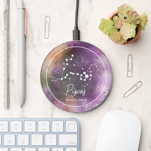 Pisces Constellation Zodiac Sign Purple Galaxy Wireless Charger