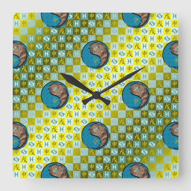 Pisces & Earth Monkey Square Wall Clock (Front)