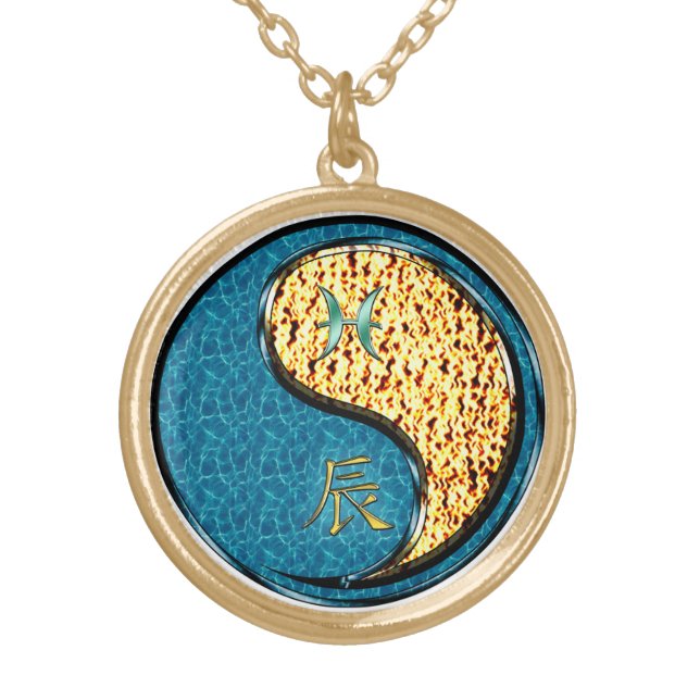 Pisces & Fire Dragon Gold Plated Necklace (Front)